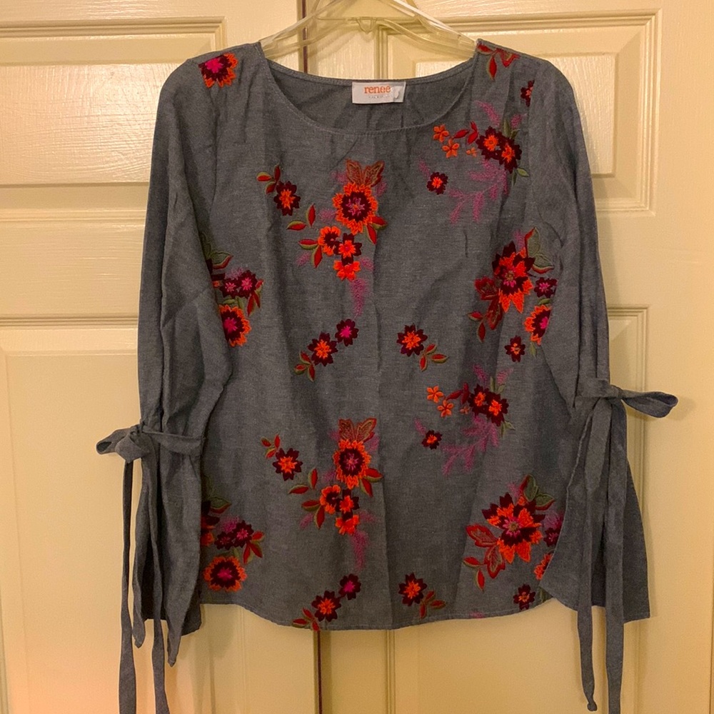 Renee C. Blouse. Chambray with Brightly Colored Embroidery!